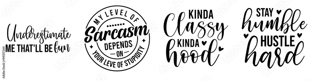Naklejka premium Simple Sarcastic Phrases, Labels And Badges Bundle Vector Illustration for Stationery, Poster, Greeting Card