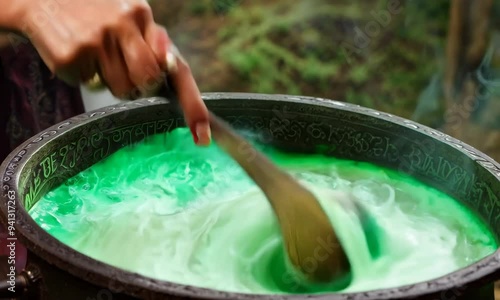 A witch’s hand stirring a bubbling cauldron, with steam rising and green light reflecting off the liquid. Close-up