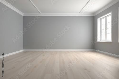 Empty Room with Grey Walls and Wood Floor