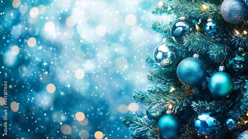 A Christmas tree branch adorned with lights and ornaments is set against a bokeh background of twinkling lights and falling snow. A Christmas tree branch adorned with lights and ornaments is set against a bokeh background of twinkling lights and falling snow.