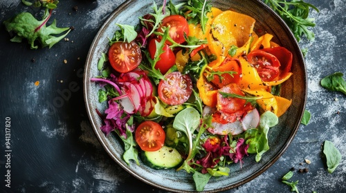 A beautiful vegetarian dish arranged with seasonal produce, showcasing a mix of vibrant colors and flavors.