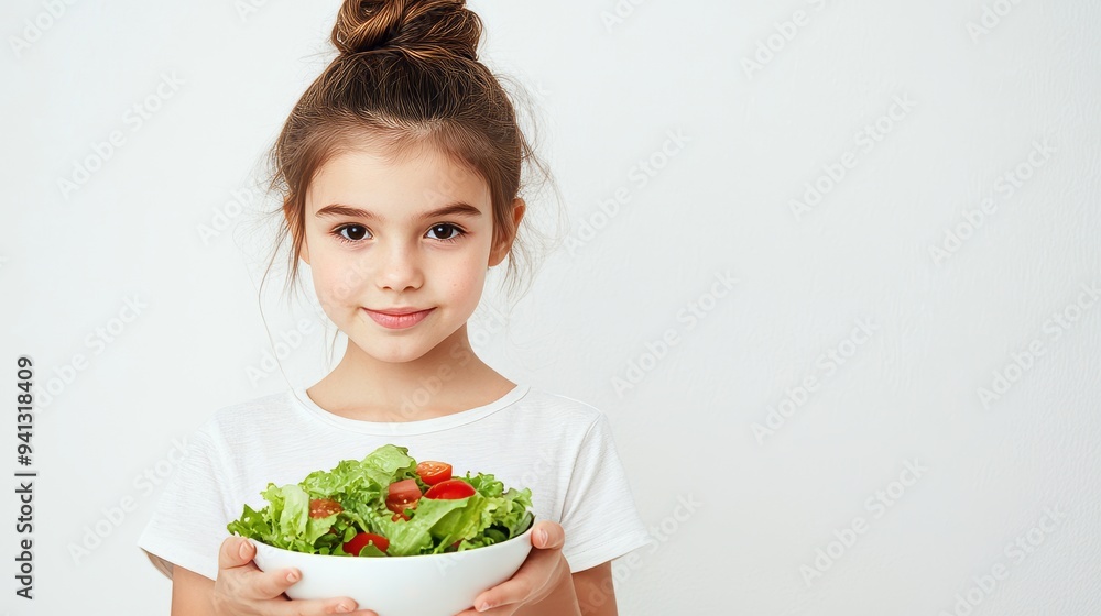 Photograph of a young child holding a bowl of salad surrounded by a light background. Concept of healthy lifestyle. Photograph of a young child holding a bowl of salad surrounded by a light background. Concept of healthy lifestyle.