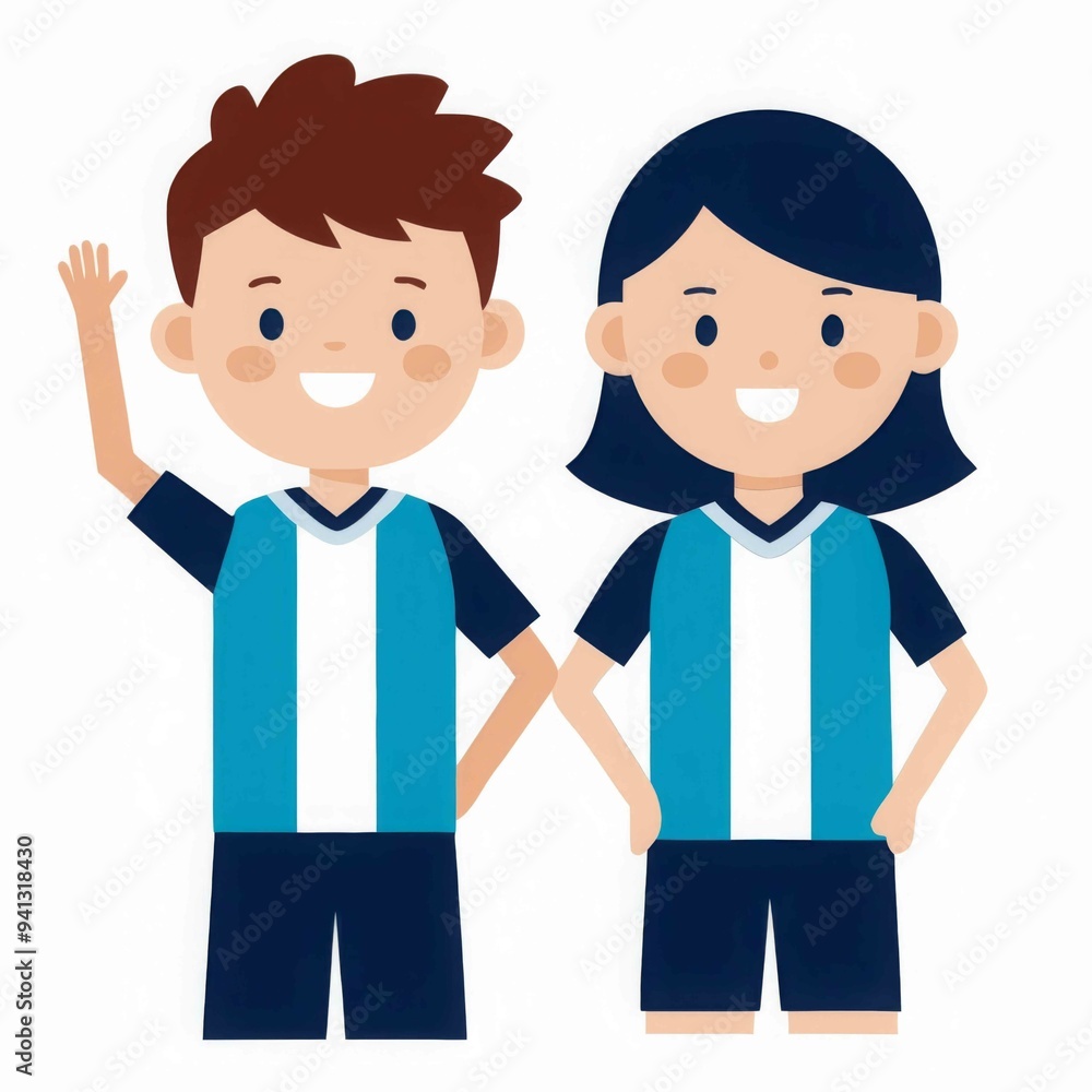 A boy and girl are standing next to each other, both smiling and waving A boy and girl are standing next to each other, both smiling and waving