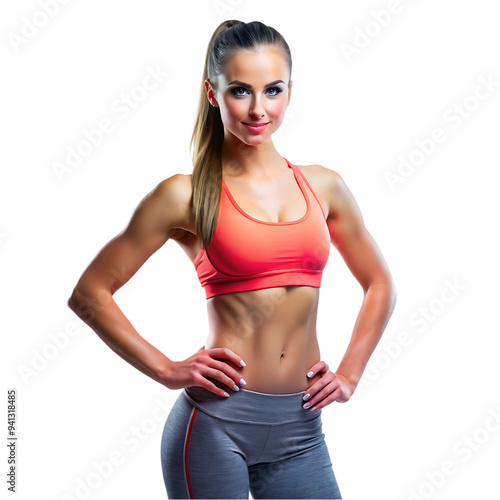 Sport young woman with perfect body showing biceps, fitness girl studio shot