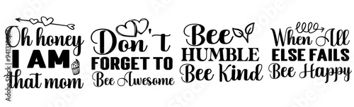 Minimalist Bee Typographic Emblems, Trendy Retro Style Illustration Bundle Vector Illustration for Bookmark, Printable, Social Media Post