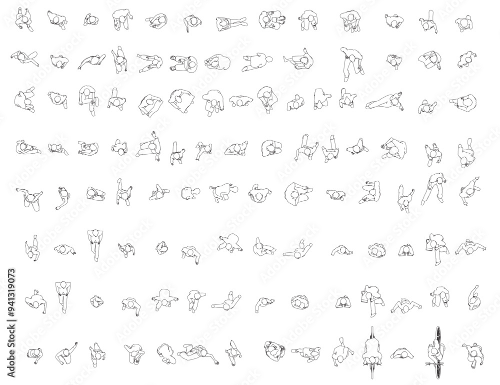 Obraz premium Set with people outlines in different positions from black lines isolated on white background. Men, women and children walking, running, standing, sitting. Top view. Vector illustration.