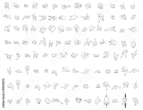 Set with people outlines in different positions from black lines isolated on white background. Men, women and children walking, running, standing, sitting. Top view. Vector illustration.