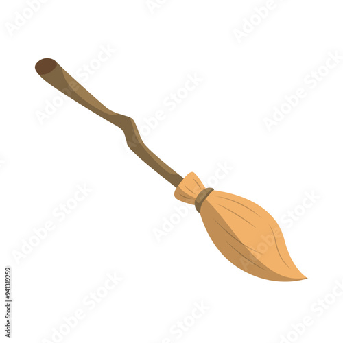 Traditional Broom on Rustic Wooden Background