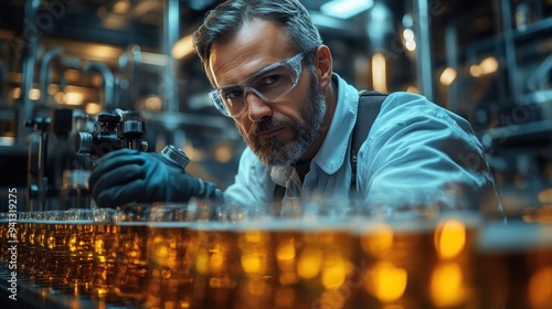 Industrial Quality Control Expert Inspecting Beer Production Line in Modern Brewery Facility