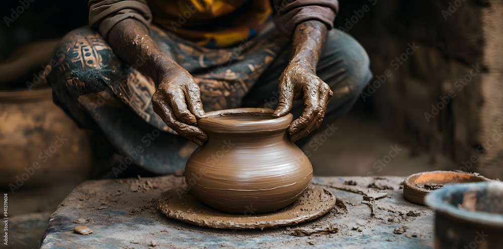 Potter making pot with clay in workshop closeup Potter making pot with clay in workshop closeup