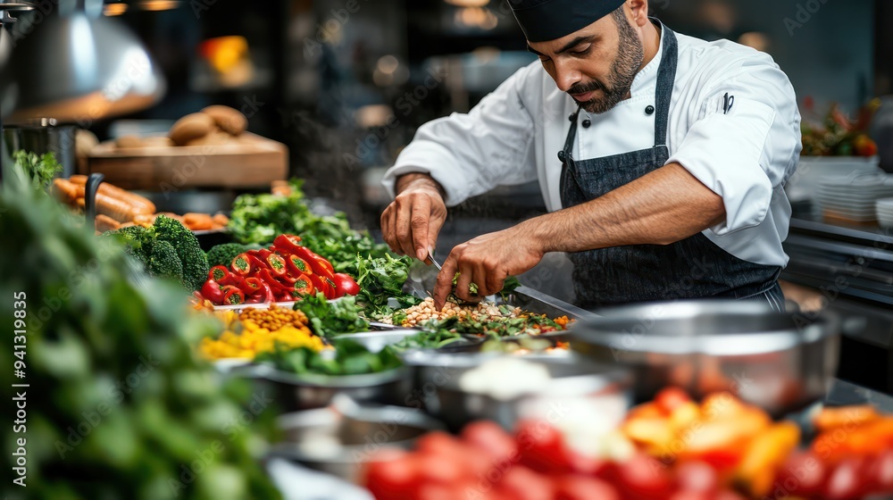 Obraz premium Chefs demonstrate plant-based cooking techniques using fresh vegetables, grains, and innovative cooking methods.