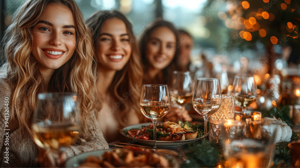 A little group of friends are sitting around the table, It’s Christmas and the table is full of plates and glasses. A little group of friends are sitting around the table, It’s Christmas and the table is full of plates and glasses.