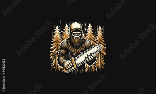 bigfoot holding saw on forest vector illustration flat design