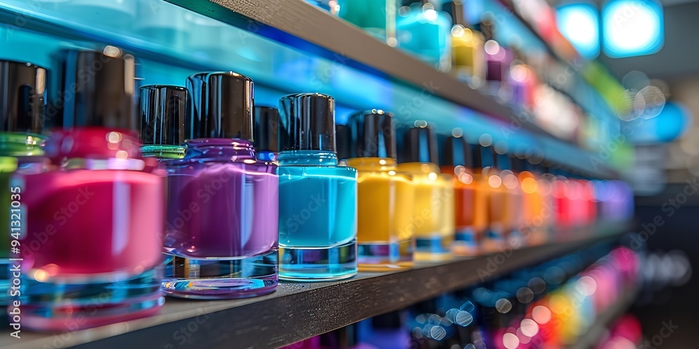 A close up of sample of a multicolored nail polish bottle with plenty of space for text set against a grainy retail backdrop, Generative AI. A close up of sample of a multicolored nail polish bottle with plenty of space for text set against a grainy retail backdrop, Generative AI.