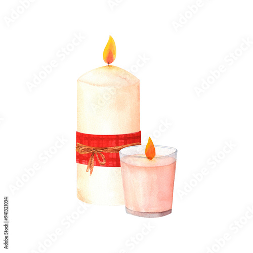 Wax or paraffin white candle with red bow. Watercolor illustration for festive occasion or spa theme. Hand drawn clipart for postcard, printing , candlemakers. photo