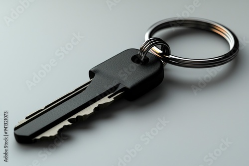 Black Key with Keyring on White Background