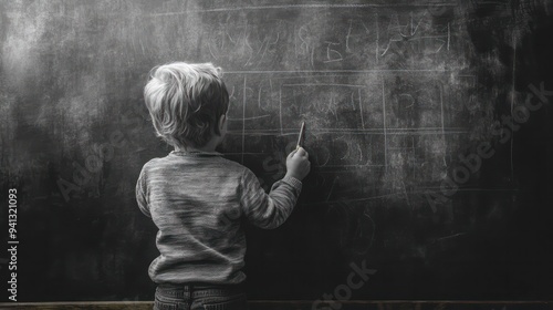 A child doodling aimlessly on a chalkboard, trying to pass the time during a quiet, uneventful summer morning. photo