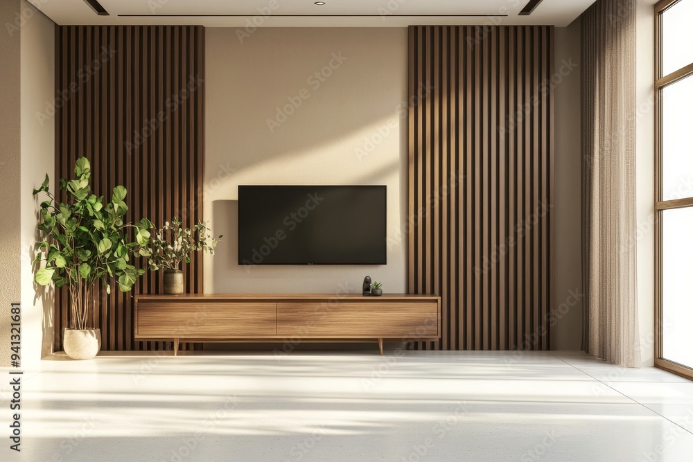 Modern office interior featuring a tv screen, sideboard, and wooden wall partition