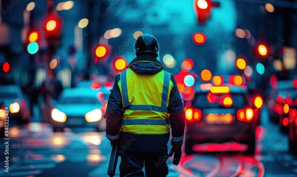 Security guard directing traffic carry lighting sign in city Security guard directing traffic carry lighting sign in city