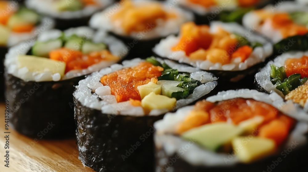 A close-up of a vegan sushi roll, highlighting the intricate preparation and fresh, color ingredients. A close-up of a vegan sushi roll, highlighting the intricate preparation and fresh, color ingredients.