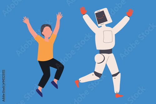 The robot and the girl are dancing.