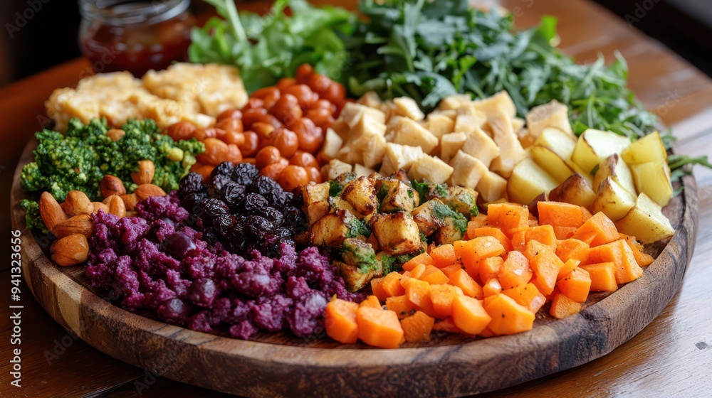 A colorful and artistic vegan food platter, perfect for a social gathering, featuring a variety of textures and flavors. A colorful and artistic vegan food platter, perfect for a social gathering, featuring a variety of textures and flavors.