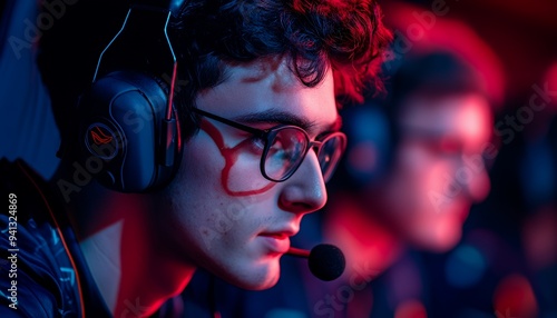 A focused gamer wearing a headset, participating in an esports competition.