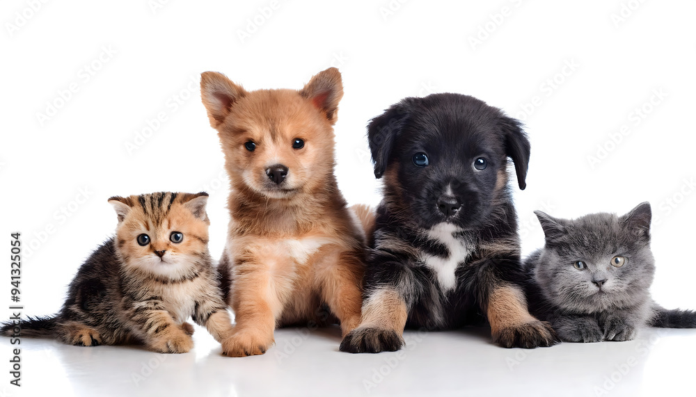 Group of puppies and kittens sitting together, animals friendship concept, isolated on white Group of puppies and kittens sitting together, animals friendship concept, isolated on white