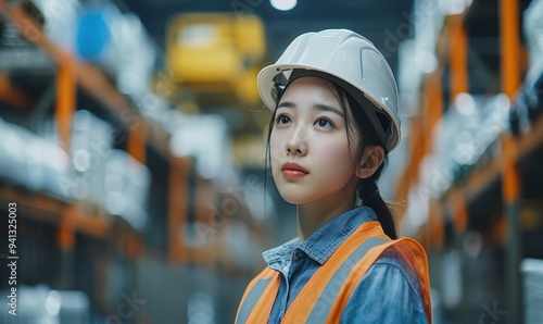 beautiful Japanese woman working in an industry or warehouse setting, she might be dressed in a safety uniform that includes a high-visibility vest, a hard hat, and safety gloves