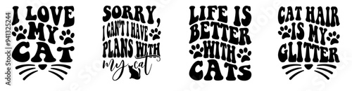 Cute Cat Calligraphic Lettering, Quotes Set Vector Illustration for Greeting Card, Bookmark, T-Shirt Design