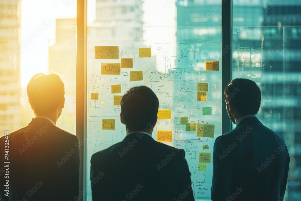 Collaborative Business Team Brainstorming Ideas with Whiteboard in Sunlit Office Setting Collaborative Business Team Brainstorming Ideas with Whiteboard in Sunlit Office Setting