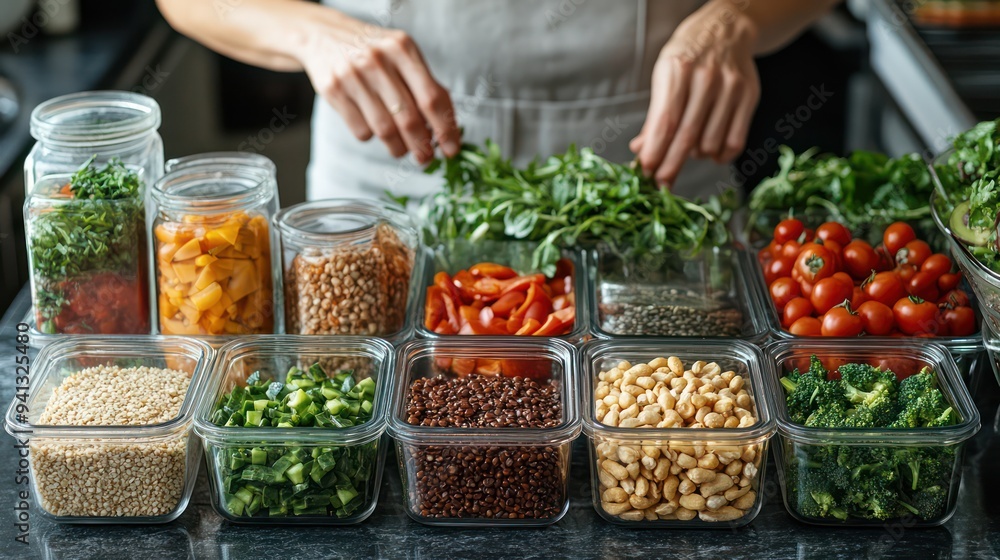 Obraz premium A creative meal prep station featuring an array of fresh vegetables, grains, and nuts for a week of vegan meals.