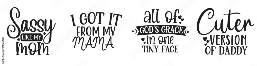 Obraz premium Modern Baby Calligraphic Lettering, Trendy Retro Style Illustration Bundle Vector Illustration for Holiday Cards, Gift Card, Bookmark