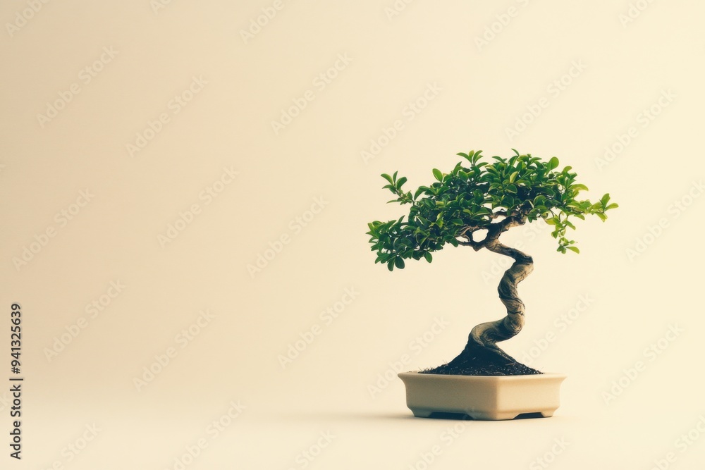 Minimalistic Bonsai Tree with Twisted Trunk Against Muted Background Minimalistic Bonsai Tree with Twisted Trunk Against Muted Background