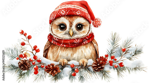 A charming watercolor illustration of an owl wearing a Santa hat and scarf, perched on snow-covered pine branches with berries and pinecones, capturing the festive holiday spirit.