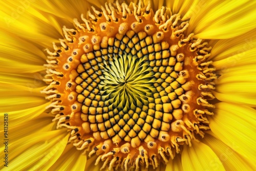 Macro View of Sunflower Center with Geometric Seed Pattern