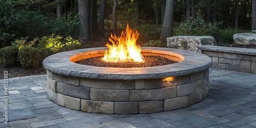 Circular outdoor stone paver firepit with fire blazing inside and subtle recessed lighting hidden around the base; hardscaping background image 