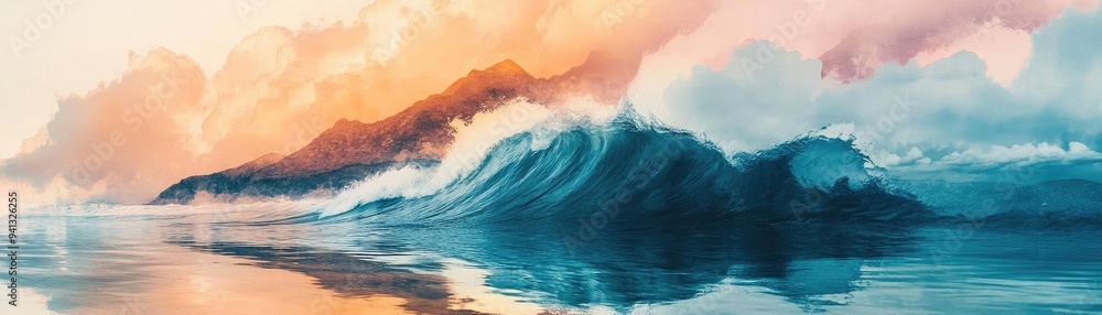 Fototapeta premium A serene ocean scene showcasing vibrant waves under a pastel sunset, perfect for evoking tranquility and natural beauty.