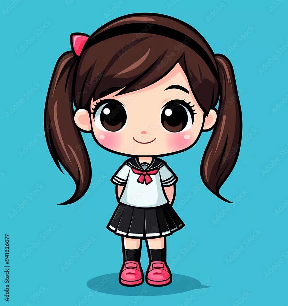 Chibi schoolgirl, a cute and adorable chibi anime girl with brown hair in pigtails, wearing pink shoes and a black headband Chibi schoolgirl, a cute and adorable chibi anime girl with brown hair in pigtails, wearing pink shoes and a black headband