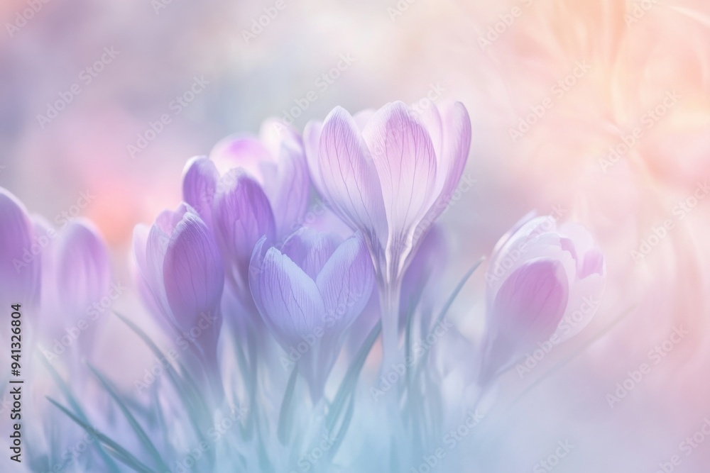 Dreamy Crocus Flowers in Bloom with Soft Pastel Background Dreamy Crocus Flowers in Bloom with Soft Pastel Background
