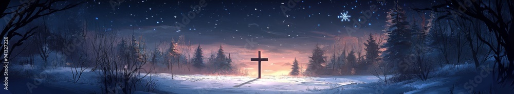 Anime-style winter scene with a cross in the snow: A Timeless Spiritual Holiday Marketing Poster,Anime-Style,Illustration,Picture BooksFor Poster,Novel,UI,WEB,Gam Anime-style winter scene with a cross in the snow: A Timeless Spiritual Holiday Marketing Poster,Anime-Style,Illustration,Picture BooksFor Poster,Novel,UI,WEB,Gam