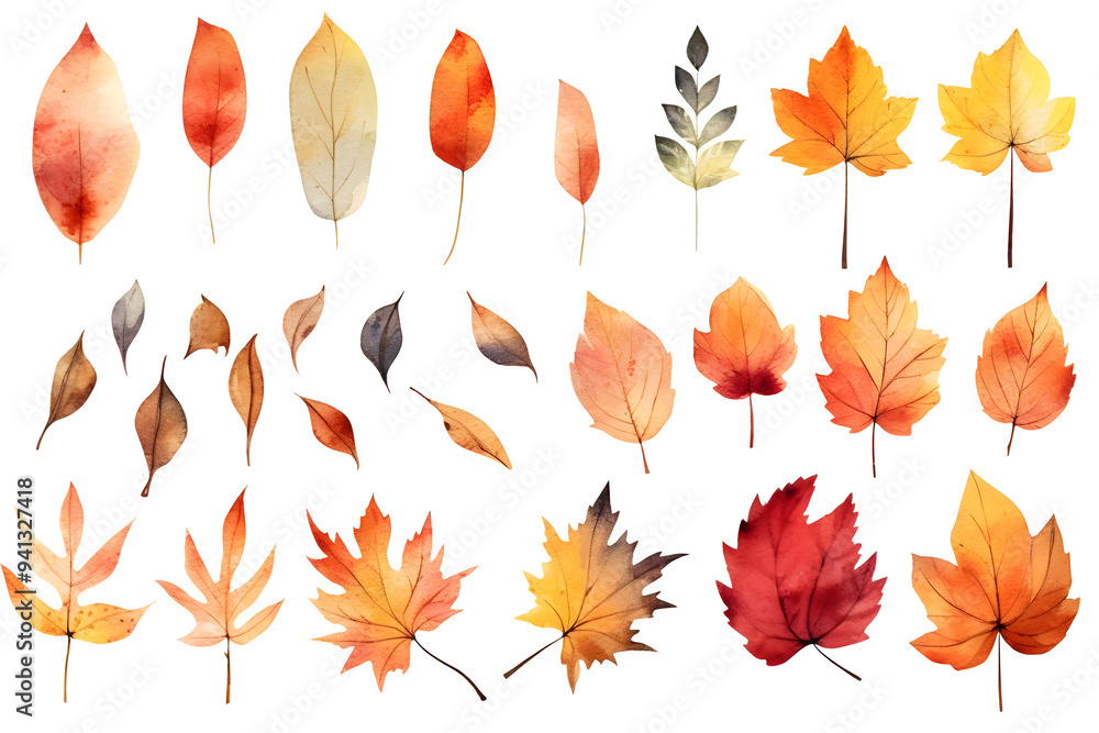 Watercolor autumn yellow leaves and plants collection isolated on white background Watercolor autumn yellow leaves and plants collection isolated on white background