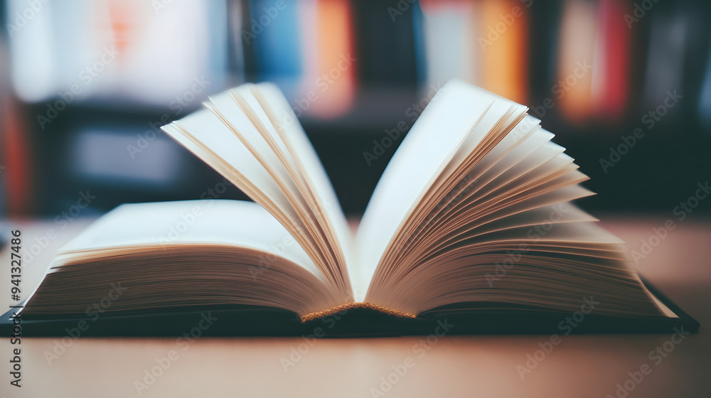 Obraz premium Open Book with Pages in Library or Study Setting