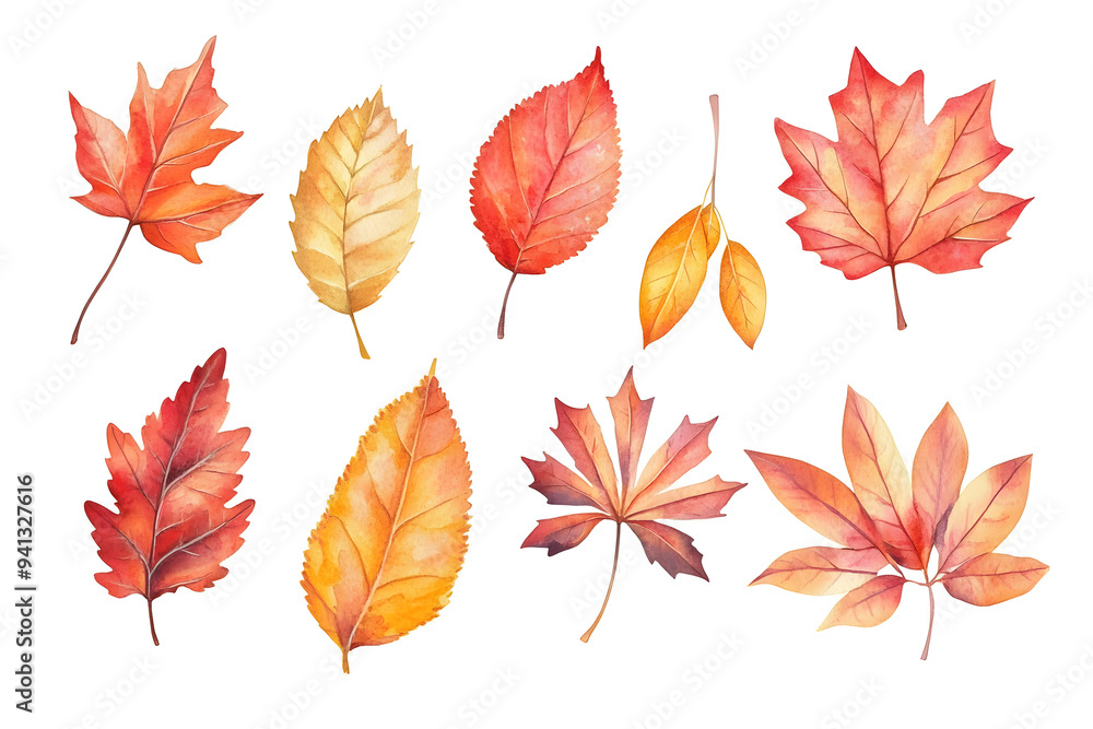 Fototapeta premium Watercolor autumn yellow leaves and plants collection isolated on white background
