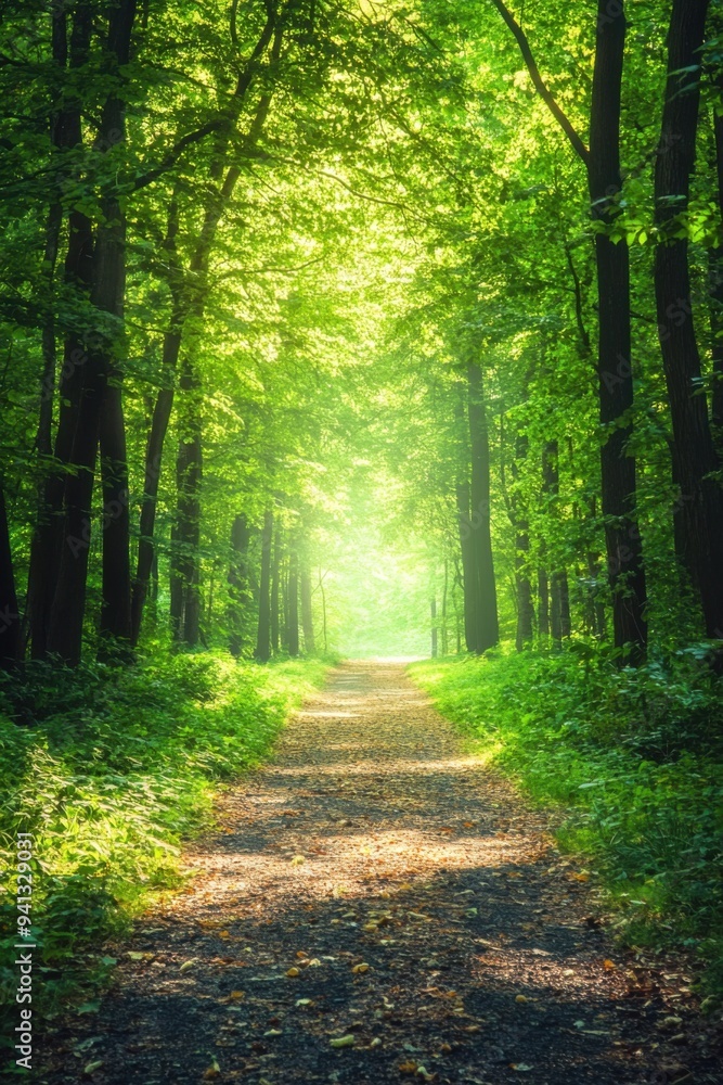 Fototapeta premium Sunlit Forest Pathway Inviting a Peaceful Walk