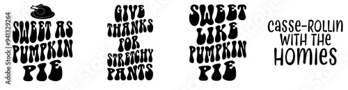 Minimalist Funny Thanksgiving Typographic Emblems, Hand Lettering Set Vector Illustration for Greeting Card, Stationery, Advertising