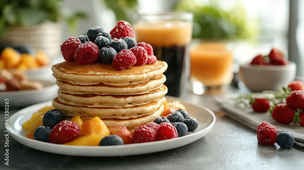 A healthy breakfast setup with vegetarian pancakes, fresh fruit, and smoothies emphasizes a balanced start to the day. A healthy breakfast setup with vegetarian pancakes, fresh fruit, and smoothies emphasizes a balanced start to the day.