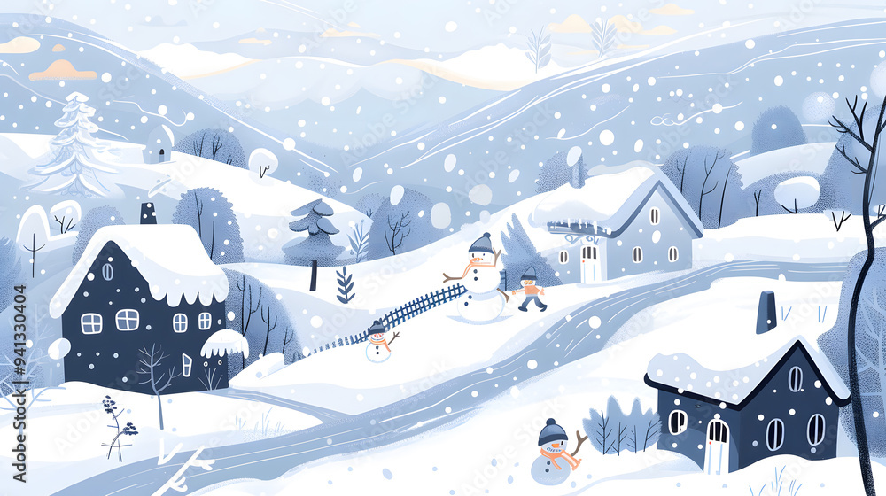 Snowy Winter wonderland landscape with people having fun outdoor activity on New year, flat style illustration Snowy Winter wonderland landscape with people having fun outdoor activity on New year, flat style illustration