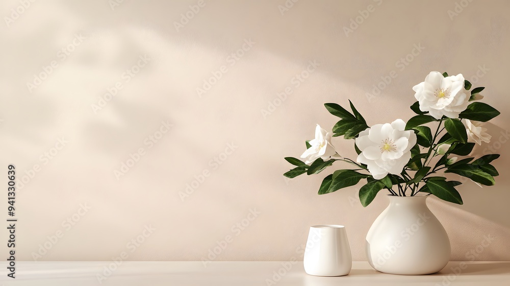 White flowers in a white vase on a table, set against pastel beige walls, creating an elegant and minimalist home decor look....... White flowers in a white vase on a table, set against pastel beige walls, creating an elegant and minimalist home decor look.......