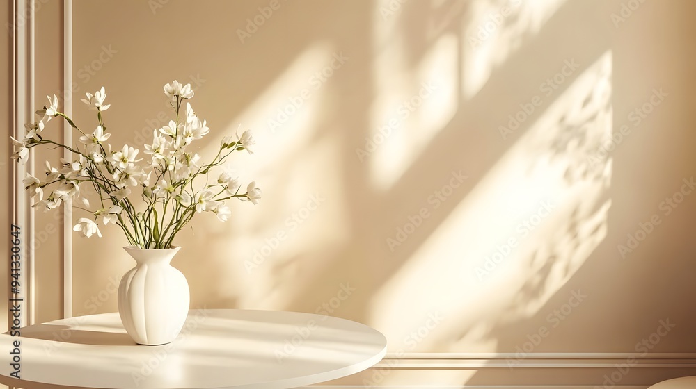 White flowers in a white vase on a table, set against pastel beige walls, creating an elegant and minimalist home decor look....... White flowers in a white vase on a table, set against pastel beige walls, creating an elegant and minimalist home decor look.......